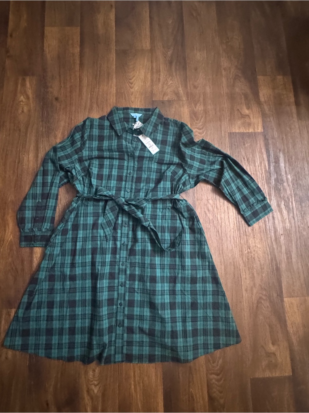 Draper James Green and Black Plaid Long-Sleeve Shirt Dress